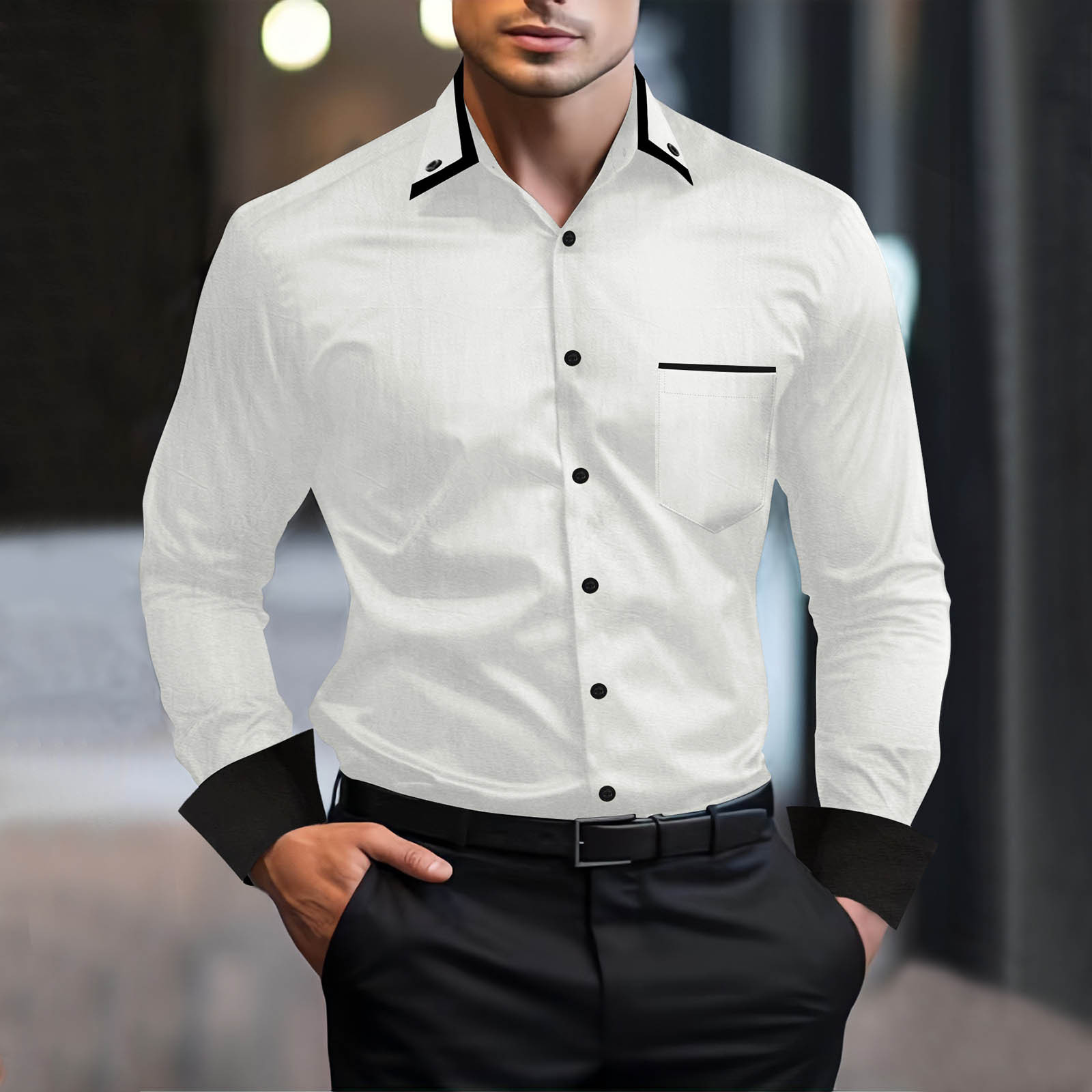 thumbnail image 3 of Camisa de manga larga con solapas y patchwork para hombre, cardigan informal para las vacaciones, prendas para llevar a diario al aire libre, 3 of 5